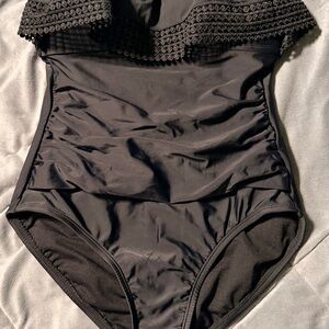 Black Swimwear Piece with Crochet Ruffle Detail